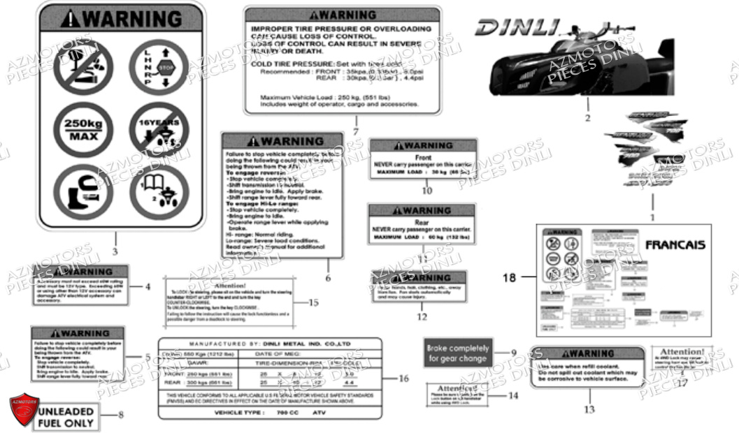 Autocollants DINLI Pièces Quad DL700X A PARTIE DE 2010