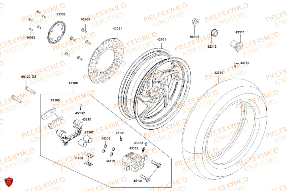 Roue Arriere KYMCO Pièces Scooter DOWNTOWN GT 125i EURO 5 (SK25HA)