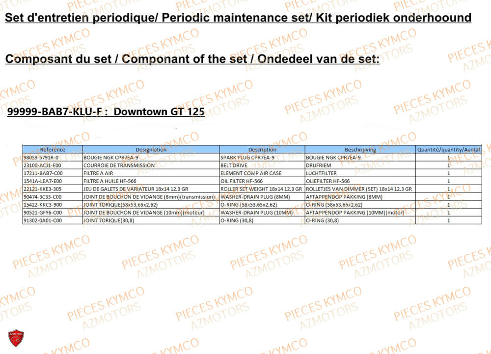 Set Entretien KYMCO Pièces Scooter DOWNTOWN GT 125i EURO 5+ (SK25HC)