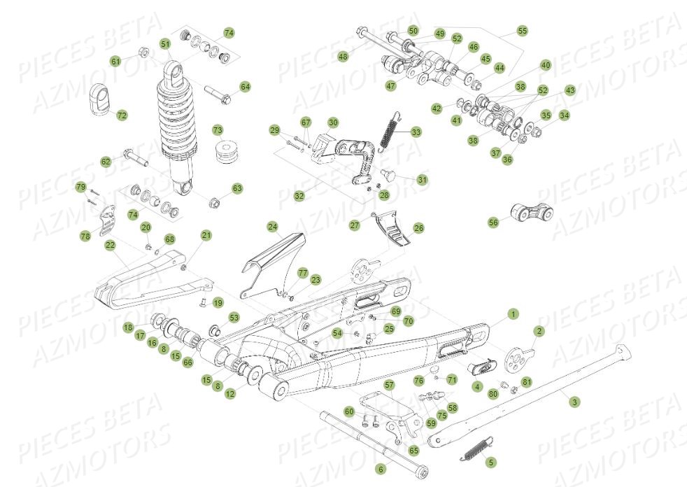 BRAS_OSCILLANT_AMORTISSEUR BETA Pièces BETA EVO 2T -250CC- FACTORY - (2015)
Numéro de serie de ZD3T60100F0250157 au	ZD3T60100F0250202,ZD3T60335F0300166 au ZD3T60335F0300166,ZD3T60337F0300167 au ZD3T60337F0300167,ZD3T60339F0300168 au ZD3T60339F0300168,ZD3T6033XF0300177 au ZD3T6033XF0300177