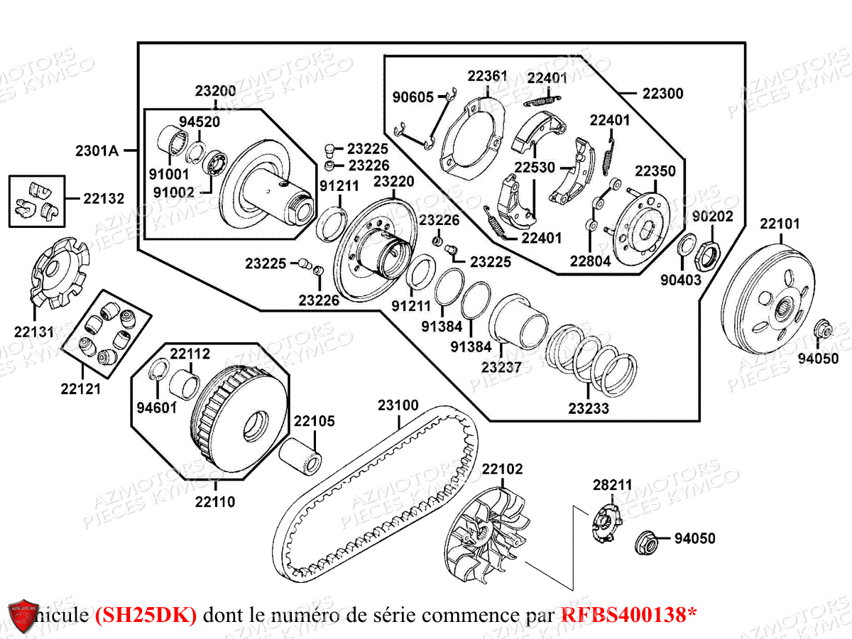 Variateur Embrayage Sh25dk KYMCO Pièces GRAND DINK 125 MMC 4T EURO III (SH25DK/SH25DR)