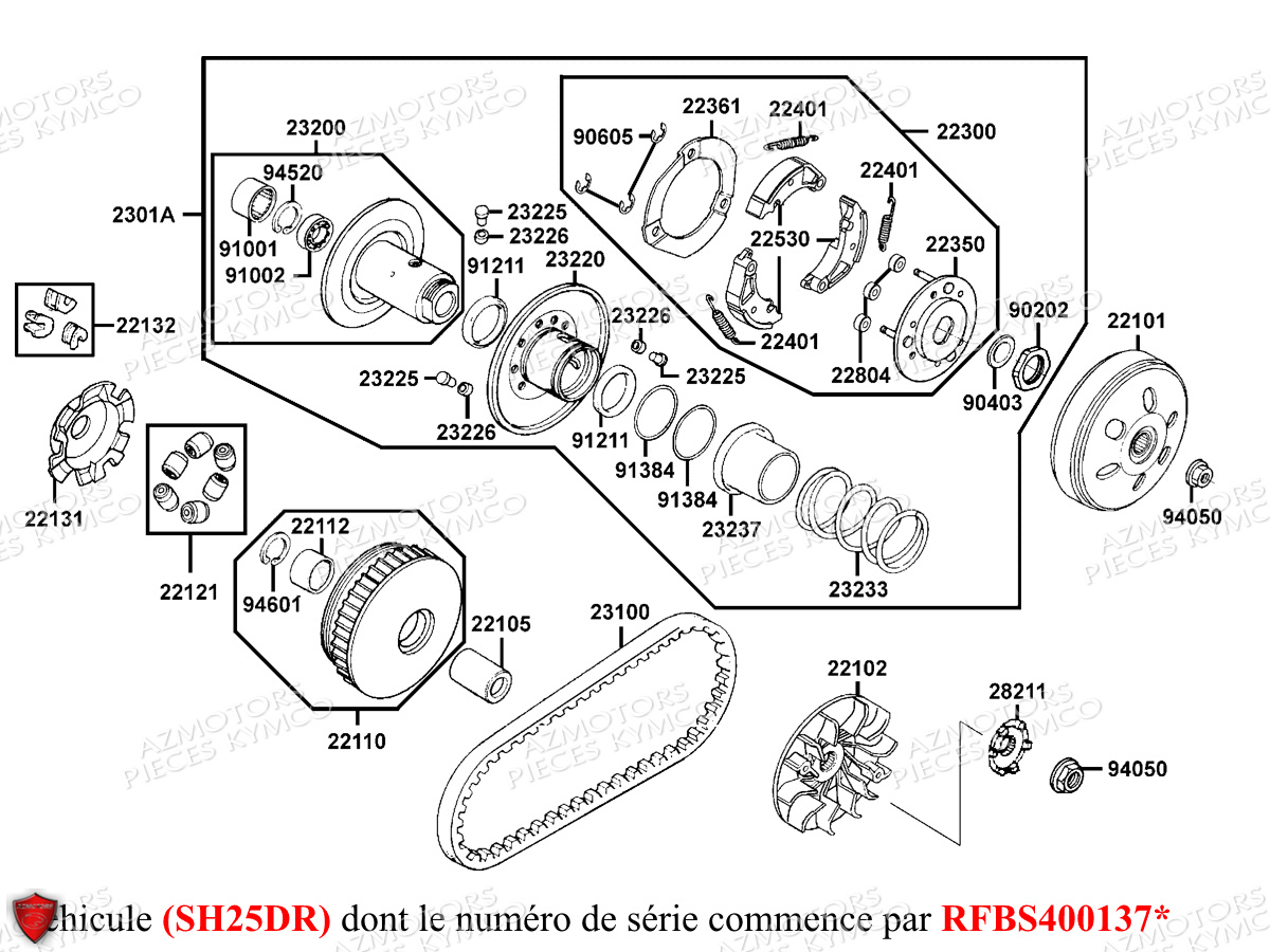 Variateur Embrayage Sh25dr KYMCO Pièces GRAND DINK 125 MMC 4T EURO III (SH25DK/SH25DR)