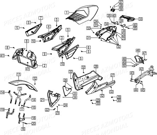 Carenages Selle Serie Apres K1000334 FB MONDIAL Pieces HPS 125 ABS E4 FB Mondial Origine
