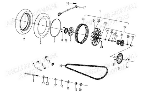 ROUE_ARRIERE FB MONDIAL Pieces HPS 125 ABS EU5 FB Mondial Origine