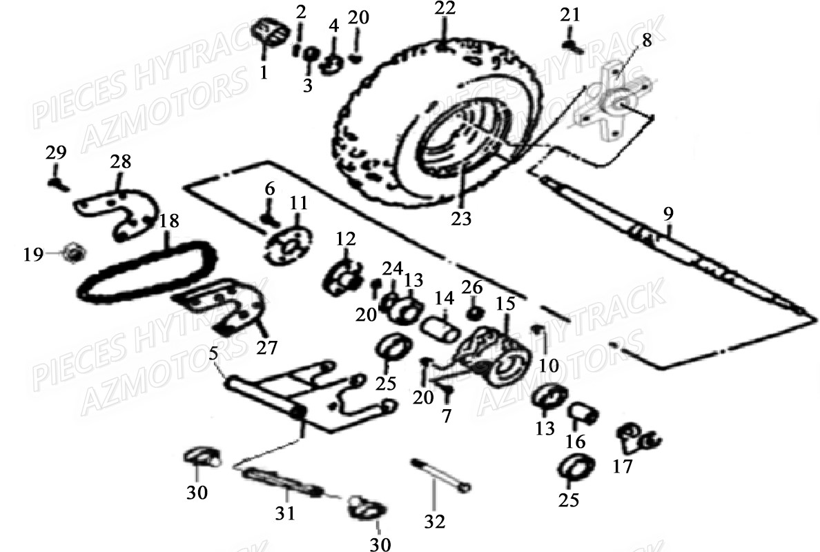 TRAIN_ARRIERE HYTRACK Pieces Origine Quad HY 125SX piece en stock origine quad hytrack bougie batterie courroie galets carenage ampoule alternateur alimentation electrique cable de freins carburateur carrosserie avant carrosserie arriere carter moteur droit chassis roue plaquettes de frein colonne de direction culasse cylindre piston embiellage direction avant selle echappement filtre a air marche pied poignees suspension variateur transmission kit chaine enfant