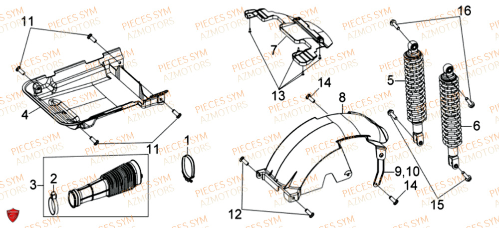 Amortisseurs Carenage Inferieur SYM Pièces JOYRIDE S 125I - LF12W2-EU (2017-2019)