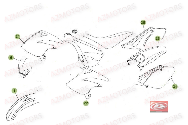 [2009] KIT 7 PLASTIQUES RR MOTARD STANDARD 50CC(PHARE RECTANGULAIRE) AZMOTORS KIT CARENAGES 50 SM