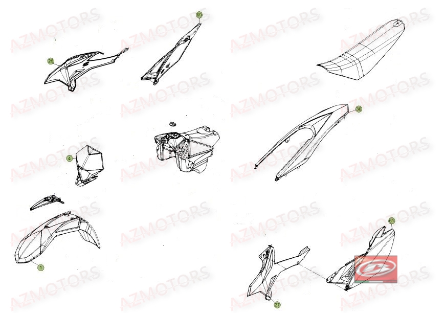 [2012 2019] KIT 7 PLASTIQUES RR MOTARD STANDARD 50 AZMOTORS KIT CARENAGES 50 SM