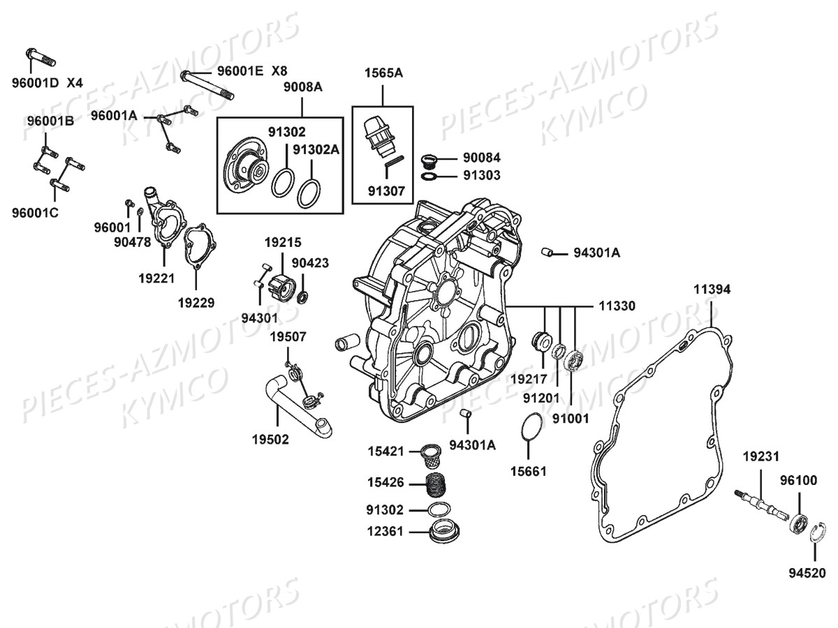 Carter Droit Pompe A Eau KYMCO Pièces KXR 250 / MAXXER 250 4T EURO2 (LA50AA/AD/AE)