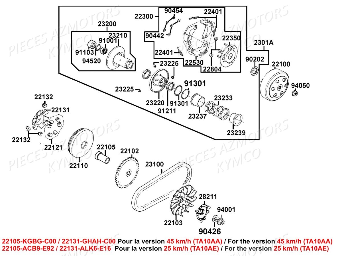 Variateur Embrayage KYMCO Pièces LIKE 50I 4T EURO4 (TA10AA/TA10AE)