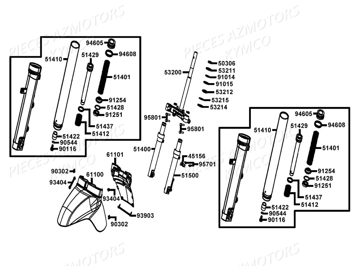 Fourche Garde Boue Avant KYMCO Pièces LIKE 50 2T MMC EURO2 (KE10AM)