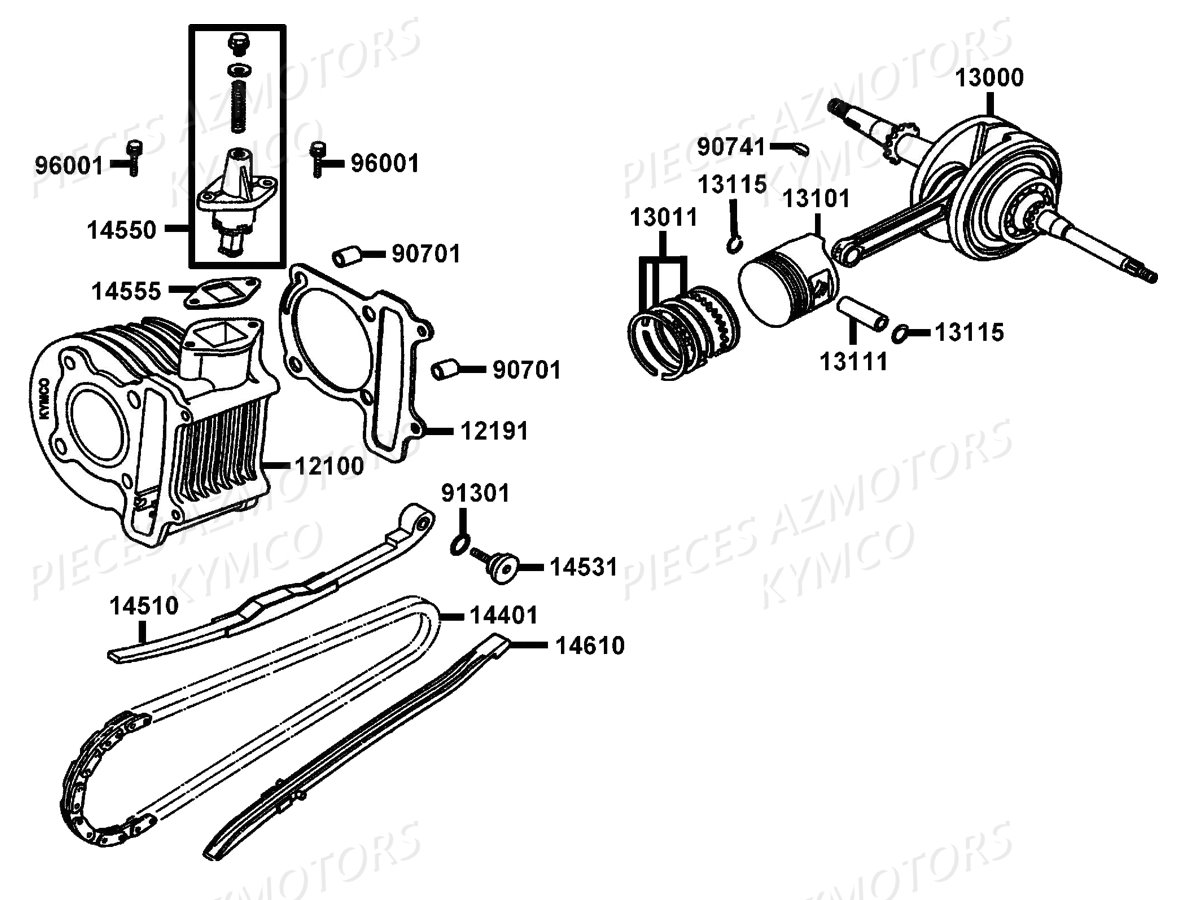 Cylindre Piston KYMCO Pièces LIKE 50 4T MMC EURO2 (KG10AX)