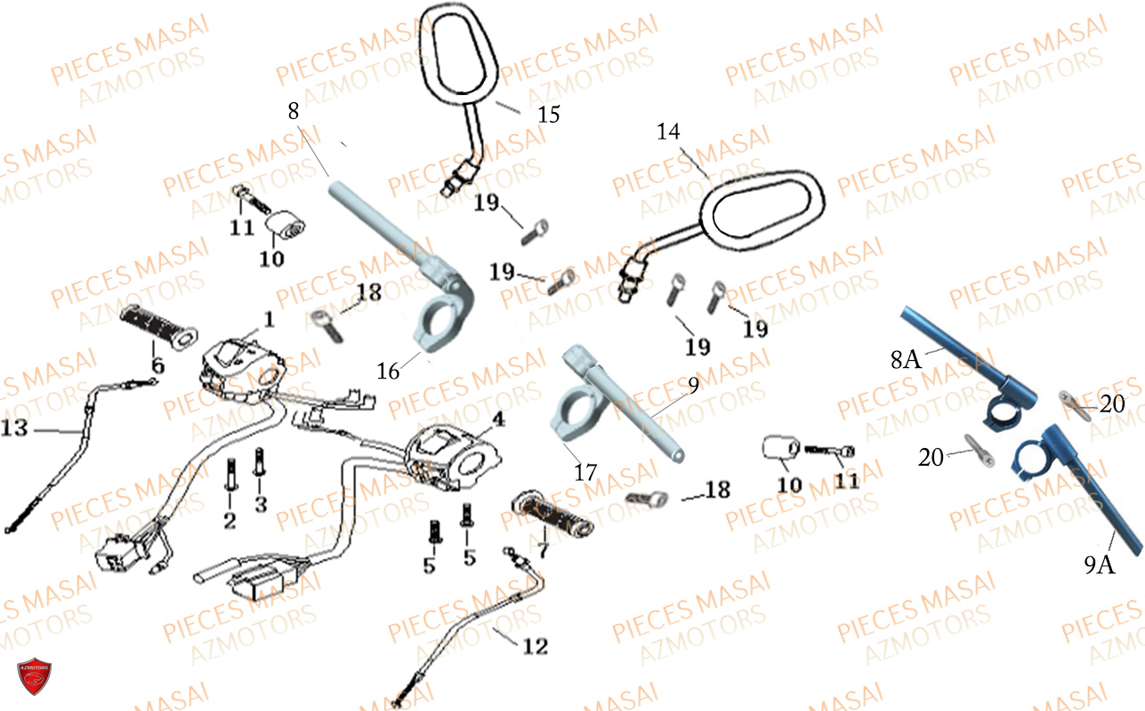 Guidon Commodo Retroviseurs MASAI Pièces Moto BLACKCAFE_125cc Carbu