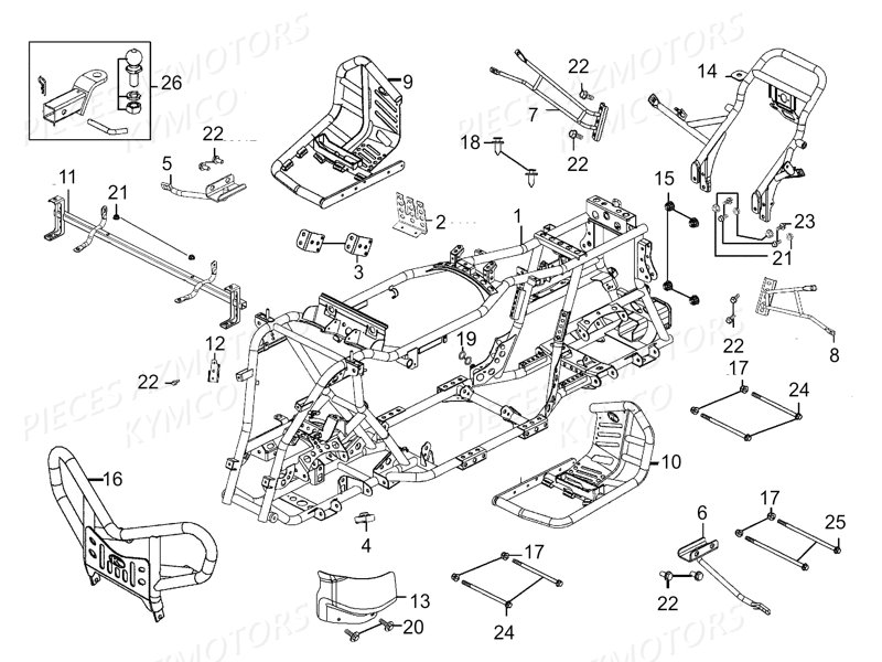 KIT ATTELAGE 2 pouces (50mm) (SUPPORT + BOULE + VIS) KYMCO pour CHASSIS de MAXXER 450I SE