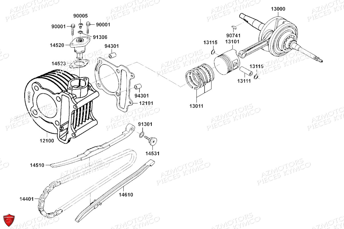 CYLINDRE_PISTON KYMCO Pièces MAXXER 90 S 4T N.H (LB20CD)