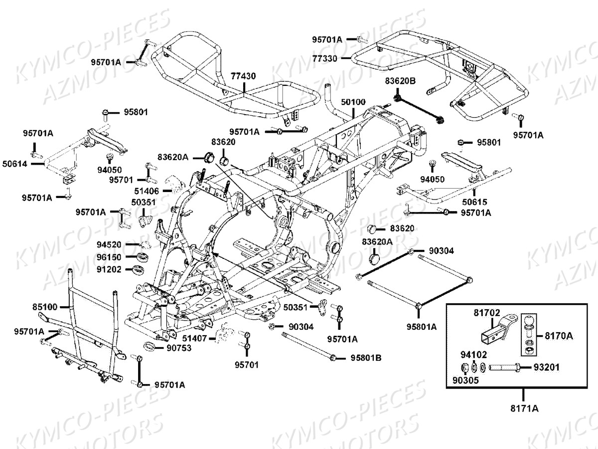 BOULE D ATTELAGE (filetage 25mm)  KYMCO pour CHASSIS PORTE-PAQUETS de MXU-300-R-T3B