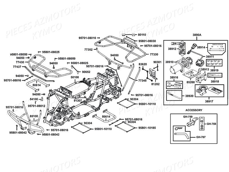 SUPPORT D ATTELAGE 2 pouces (50mm) KYMCO pour CHASSIS-PORTE-PAQUETS de MXU 400 GREEN LINE
