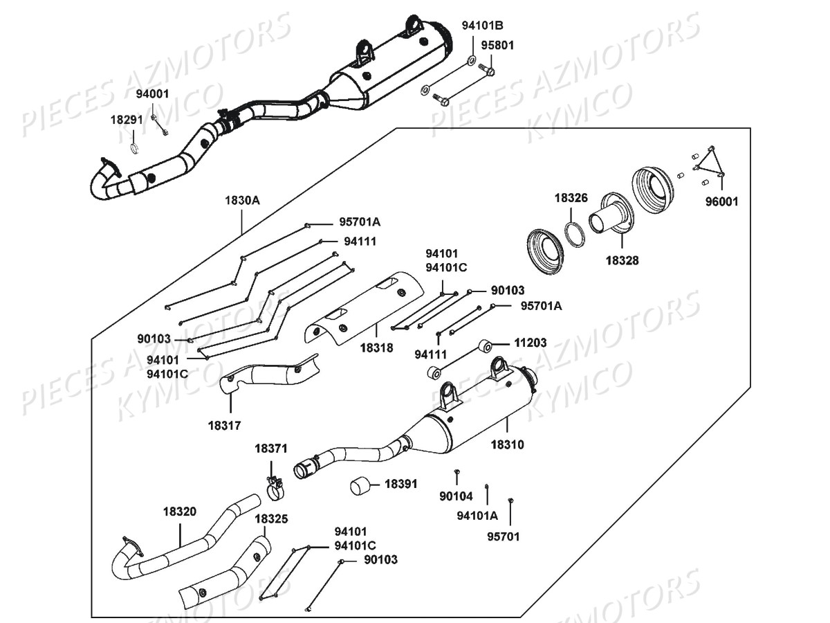 Echappement Mxu 500i Irs AZMOTORS Pièces Kymco MXU 500I IRS 4T EURO 2 (LDA0AD/LDA0AE)