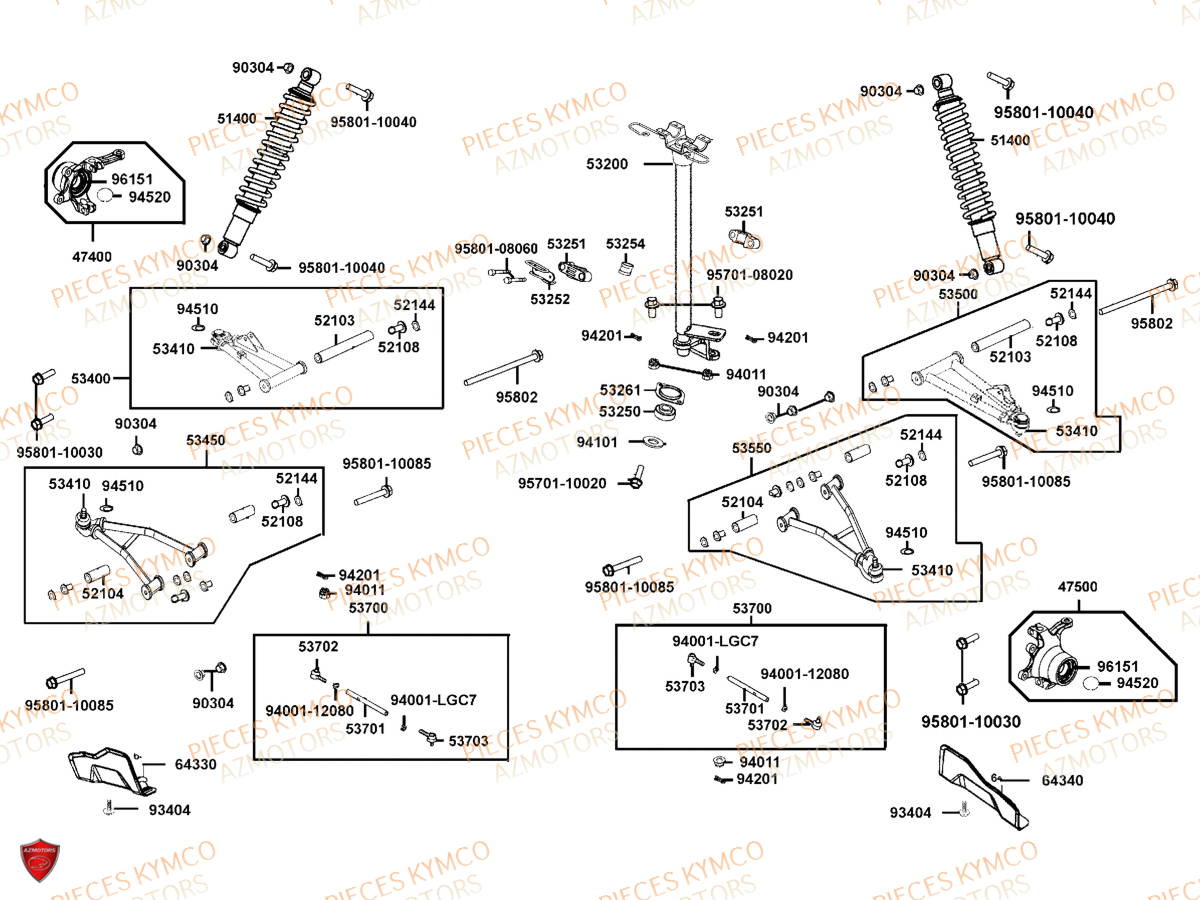 SUSPENSION_AVANT KYMCO Toutes les pieces origine pour votre tout nouveau MXU 700 T3B le nouveau de la gamme KYMCO en Homologation T sans EPS. Plus ergonomique pour profiter à 100% des randonnées les plus audacieuses, même en duo. Ce quad au gabarit impressionnant offre une excellente motricité et un nouveau design. Il ne reste qu`à choisir entre deux coloris exclusifs votre concessionnaire azmotors vous livre chez vous toutes les pieces et accessoires pour votre MXU 700 EPS T3B