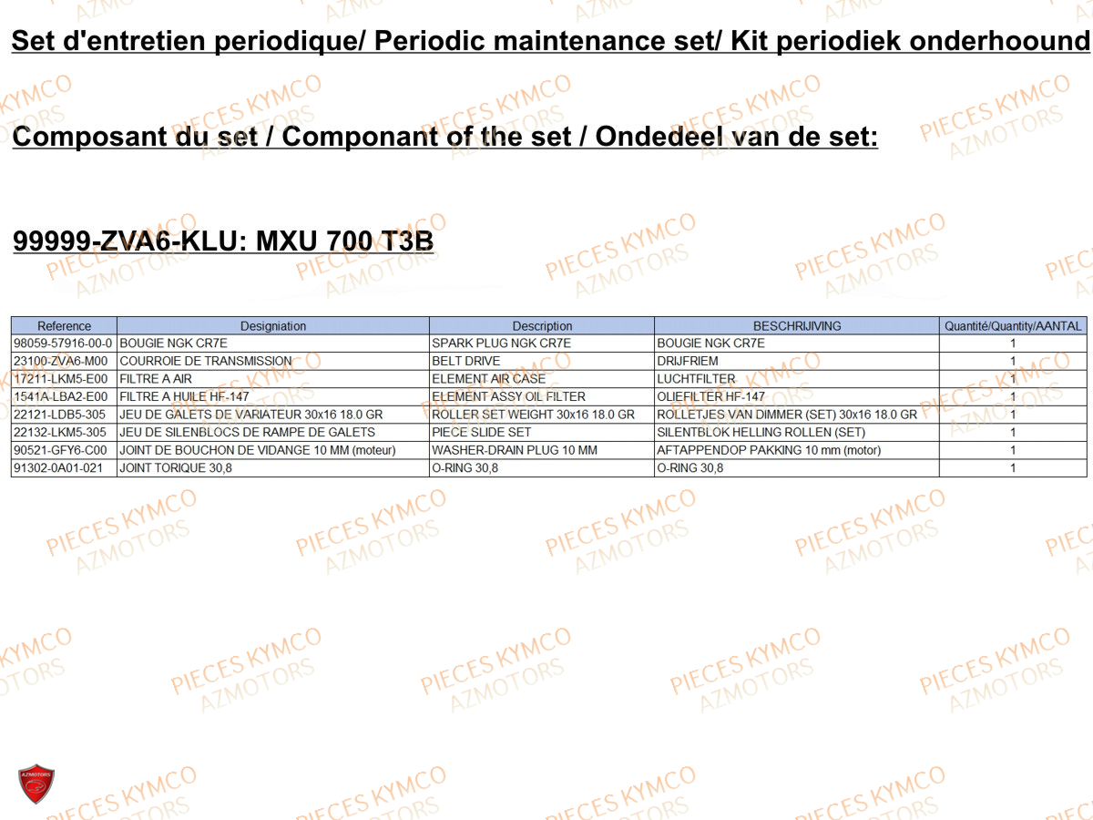 Set Entretien KYMCO Pièces MXU 700I IRS 4T T3B (LAADQF)
