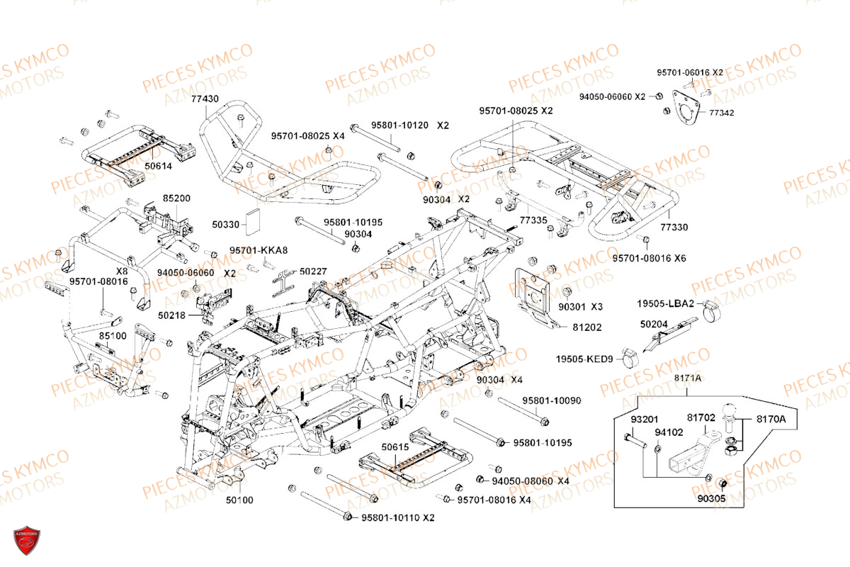 CHASSIS KYMCO Toutes les pieces origine pour votre tout nouveau MXU 700 T3B le nouveau de la gamme KYMCO en Homologation T sans EPS. Plus ergonomique pour profiter à 100% des randonnées les plus audacieuses, même en duo. Ce quad au gabarit impressionnant offre une excellente motricité et un nouveau design. Il ne reste qu`à choisir entre deux coloris exclusifs votre concessionnaire azmotors vous livre chez vous toutes les pieces et accessoires pour votre MXU 700I IRS EPS T3B