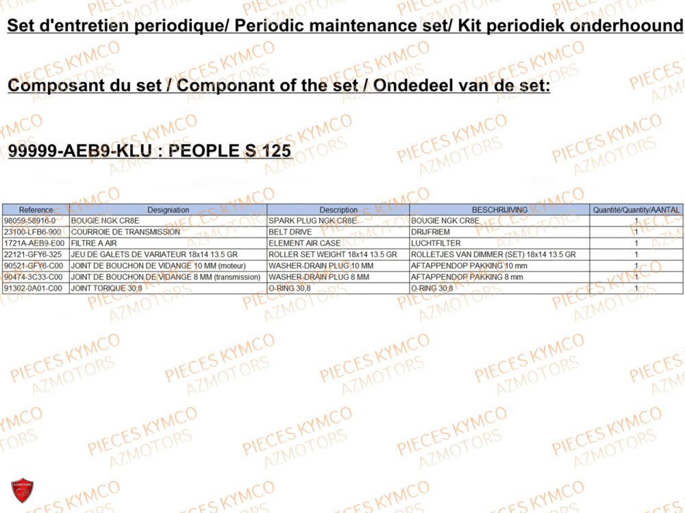 Set Entretien KYMCO Pièces PEOPLE 125S I ABS EURO 5+ (TF25BG)
