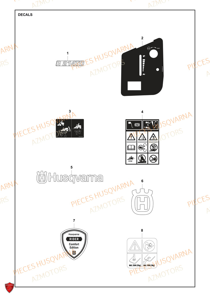 Autocollants HUSQVARNA PIECES TONDEUSE AUTOPORTEE R214TC Comfort edition HUSQVARNA
