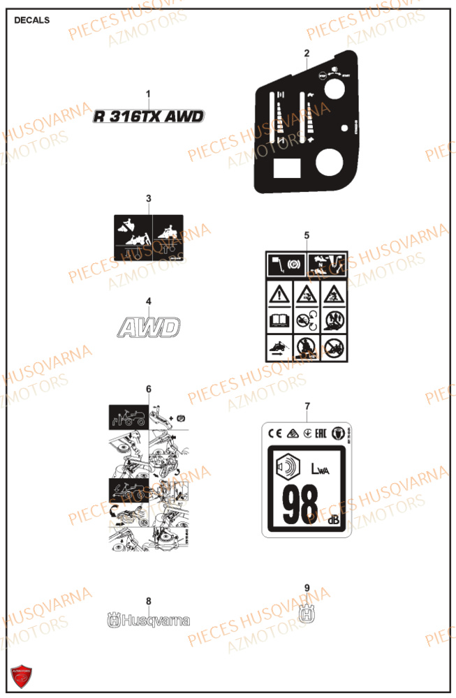 Autocollants HUSQVARNA PIECES TONDEUSE AUTOPORTEE R316TXAWD RIDER HUSQVARNA