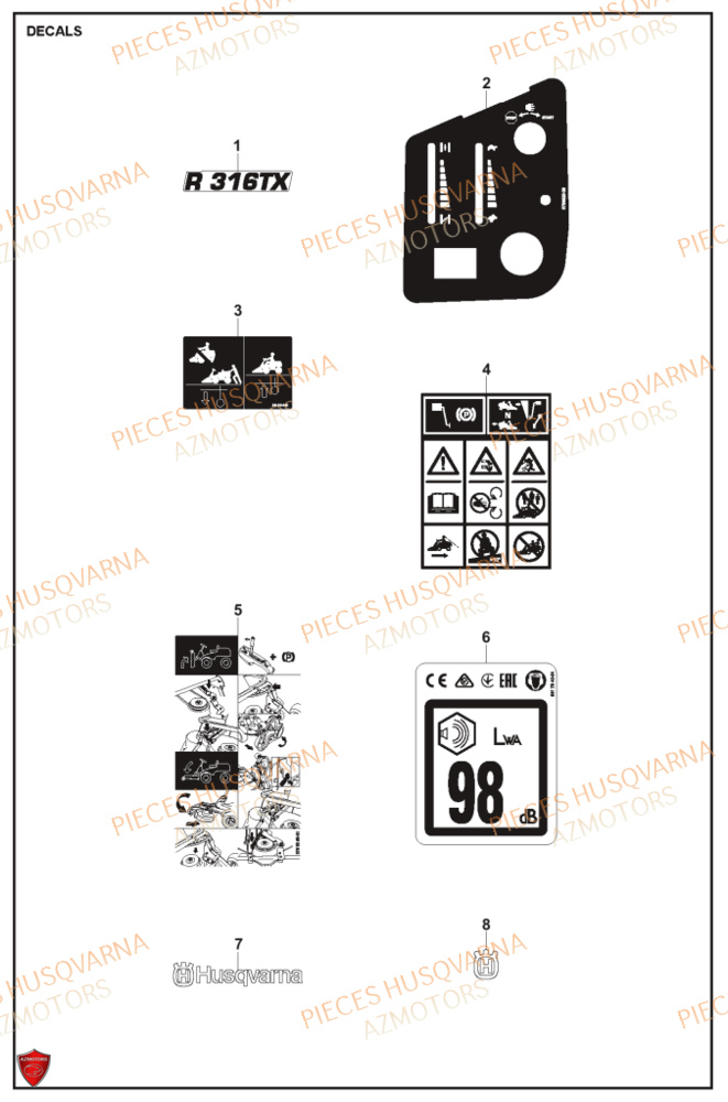 Autocollants HUSQVARNA PIECES TONDEUSE AUTOPORTEE R316TX RIDER HUSQVARNA