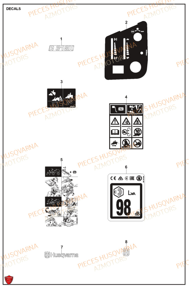 Autocollants HUSQVARNA PIECES TONDEUSE AUTOPORTEE R318X RIDER HUSQVARNA
