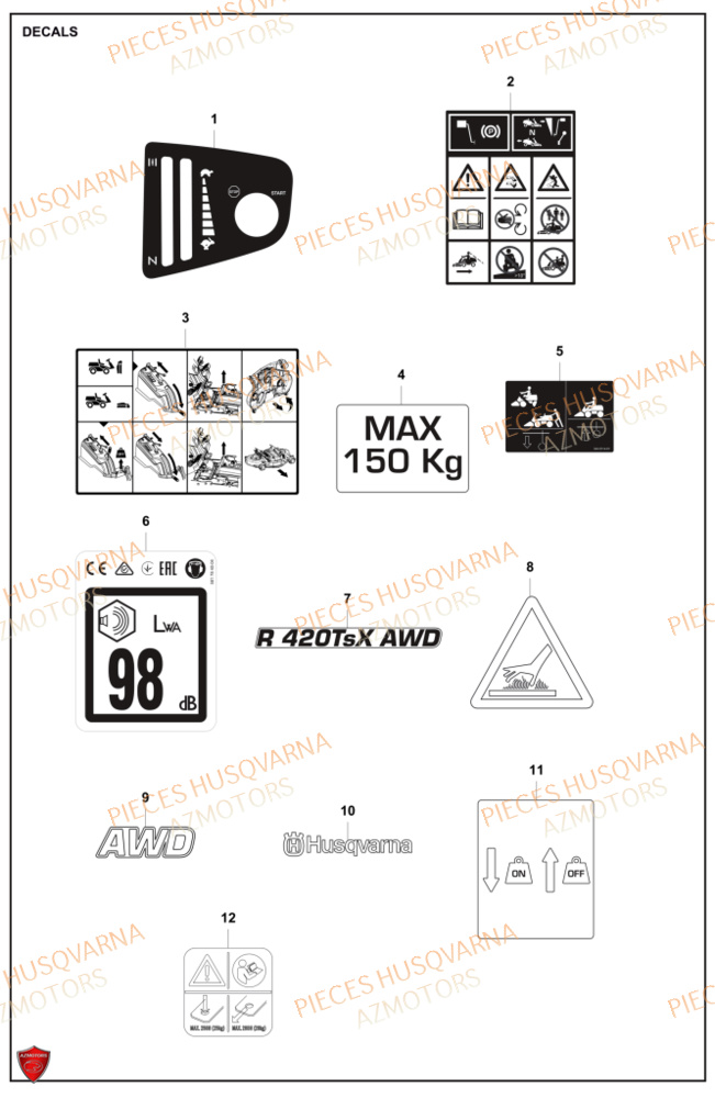 Autocollants HUSQVARNA PIECES TONDEUSE AUTOPORTEE R420TSXAWD RIDER HUSQVARNA