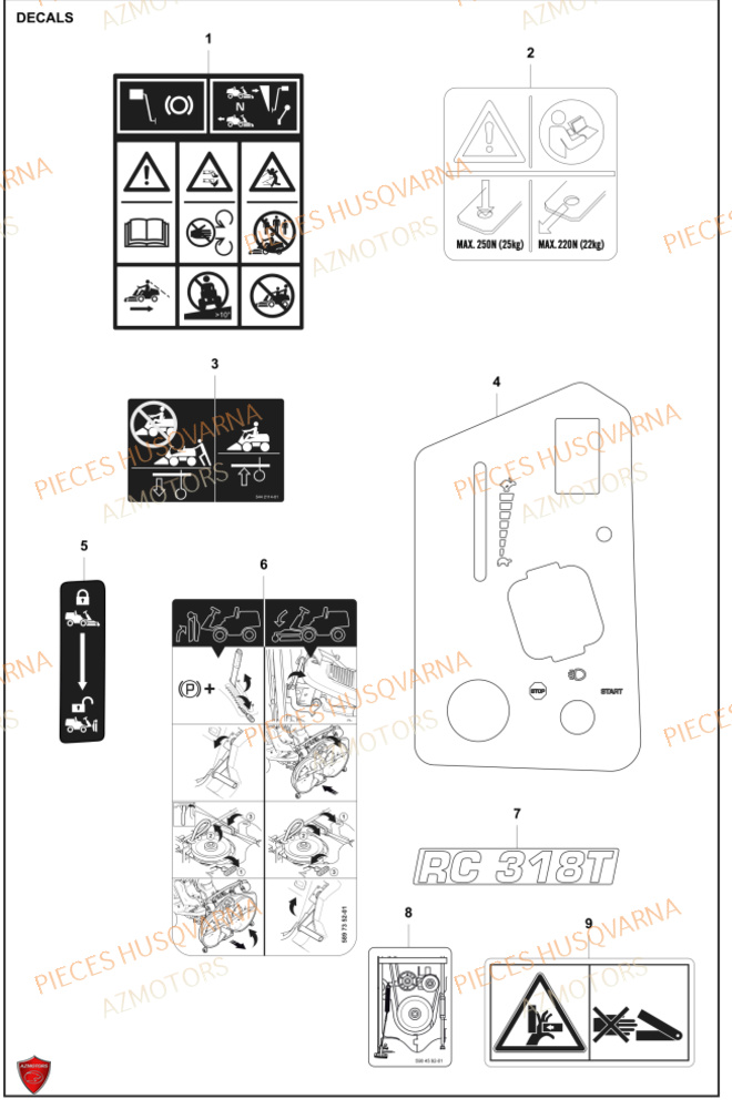 Autocollants HUSQVARNA PIECES TONDEUSE AUTOPORTEE RC318T HUSQVARNA