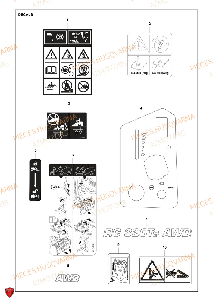 Autocollants HUSQVARNA PIECES TONDEUSE AUTOPORTEE RC 320TS AWD RIDER HUSQVARNA