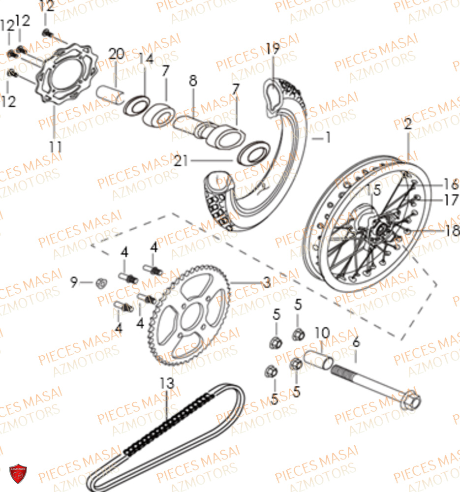 Roue Arriere MASAI Pièces Moto RIDER 50cc (2T)