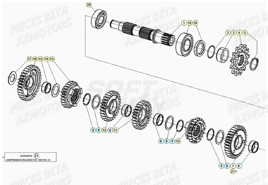 PIGNON DE TRANSMISSION SECONDA IRE BETA pour ARBRE SECONDAIRE de RR 125 RACING 2T 20