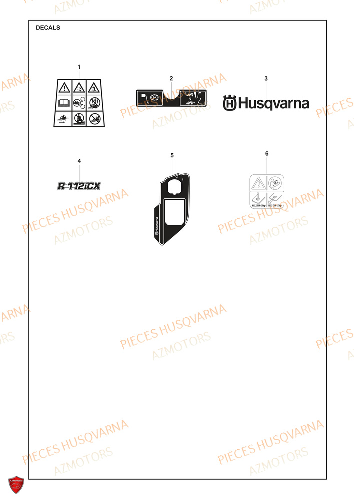 Autocollants HUSQVARNA PIECES TONDEUSE AUTOPORTEE R 112iC HUSQVARNA