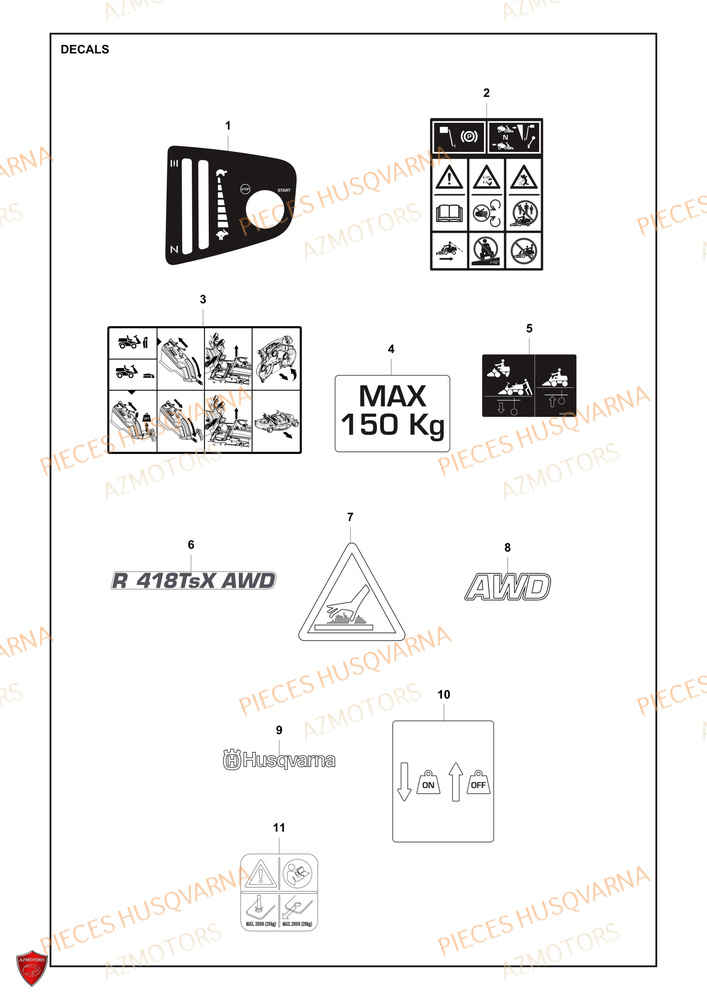Autocollants AZMOTORS PIECES TONDEUSE AUTOPORTEE R 418TSX AWD HUSQVARNA