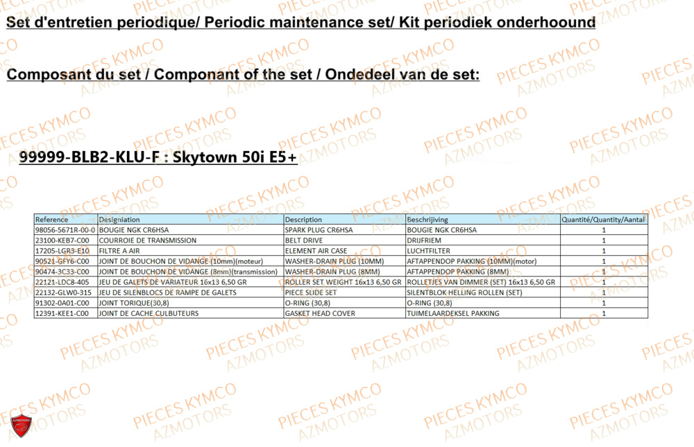 Set Entretien KYMCO Pièces SKYTOWN 50I EURO5+ (TH10AB)