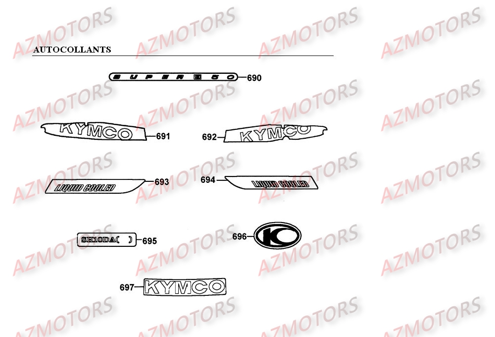 Autocollants KYMCO Pieces SUPER 9 LC 50cc 2T EURO I