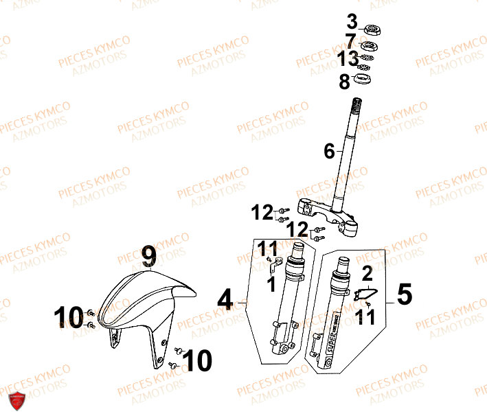 Fourche KYMCO Pieces SUPER 9 AC 50cc 2T EURO II SPORT (SF10DS)