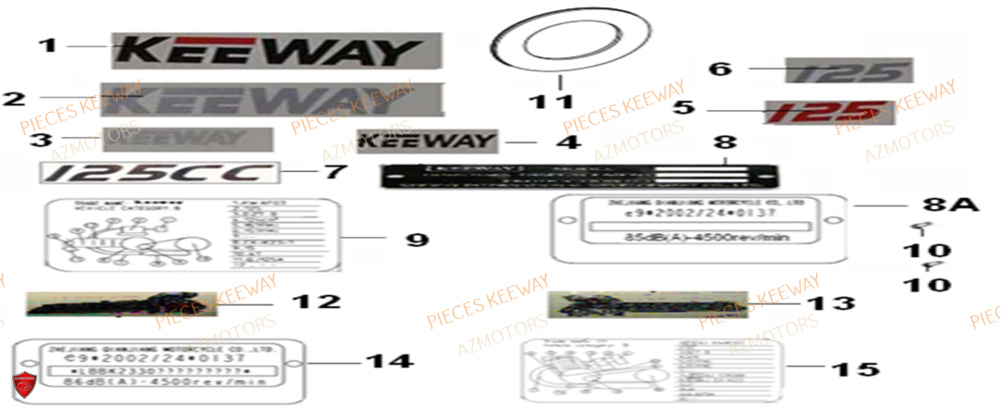 Labels AZMOTORS PIECES ORIGINE KEEWAY SUPERLIGHT 125 E2 (2008-2006)