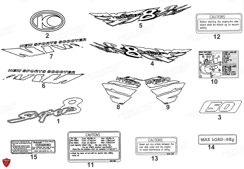 Autocollants KYMCO Pièces SUPER 8 50cc 4T EURO II