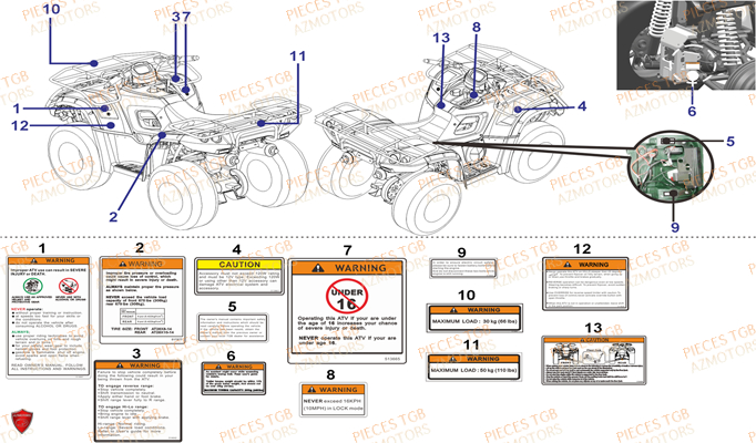 Etiquettes De Securite AZMOTORS Pieces TGB BLADE 600 LT EPS (No Serie RFCLTHTBA.. ET RFCLTHTBC.. Type: FTH-HDLE ET FTH-JDLE)