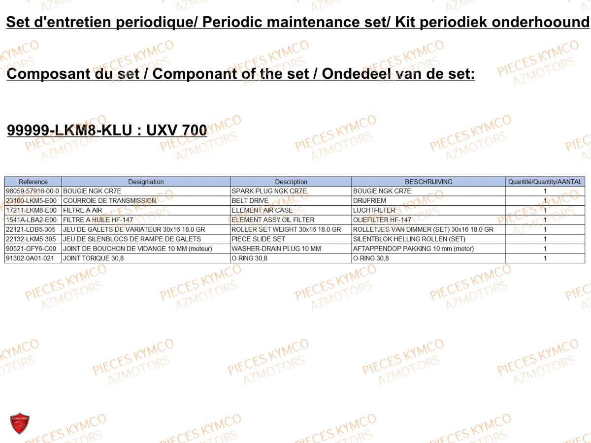 Set Entretien KYMCO Pieces KYMCO UXV 700I SPORT EPS T1A (UBADMD)
