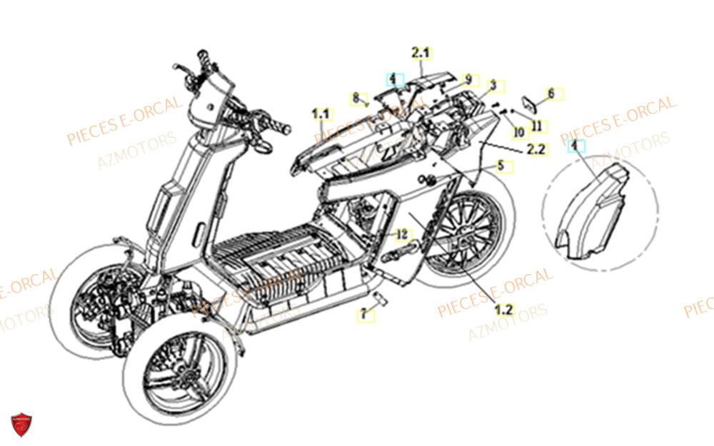 Carenage Arriere AZMOTORS Pieces Orcal scooter V28 3KW (équivalent 125cc)