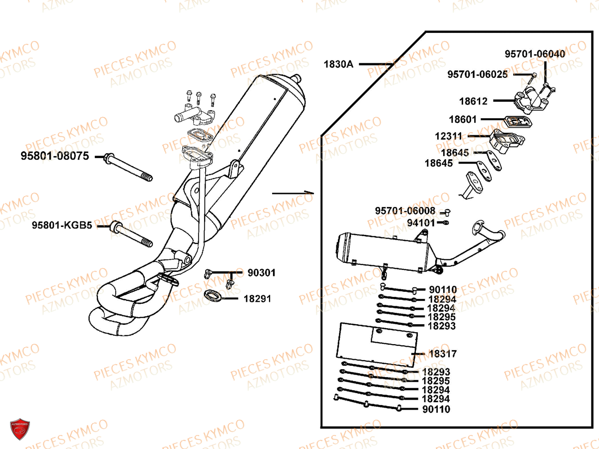 ECHAPPEMENT KYMCO Pièces Scooter 	Pieces VITALITY 50 2T EURO 2