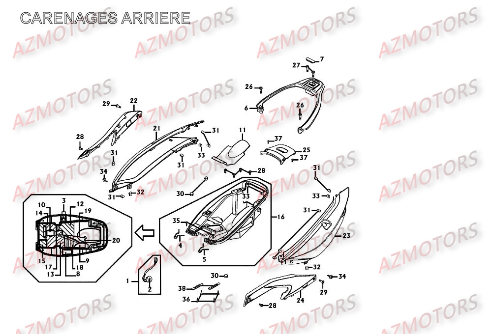 Carenages Arriere AZMOTORS Pièces Scooter Kymco XCITING 250 AFI 4T EURO II