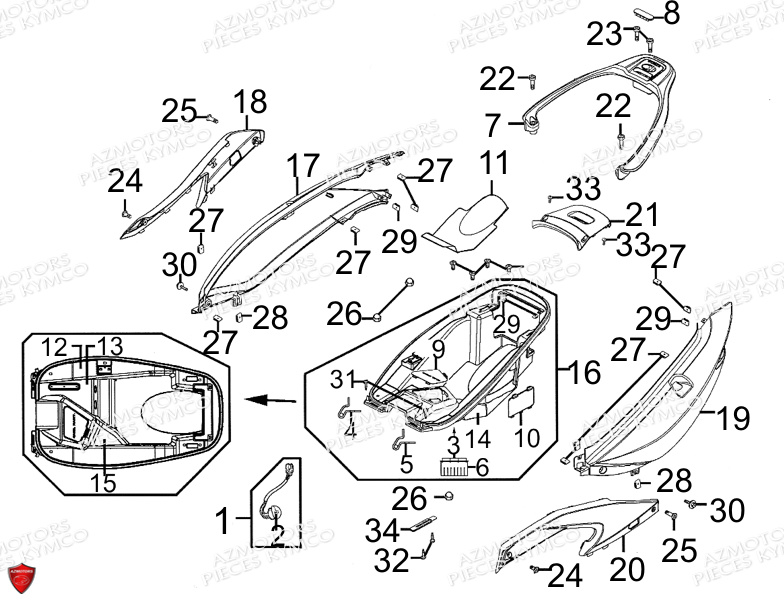 Carenages Arriere KYMCO Pièces Scooter Kymco XCITING 500 RI MMC ABS 4T EURO III _